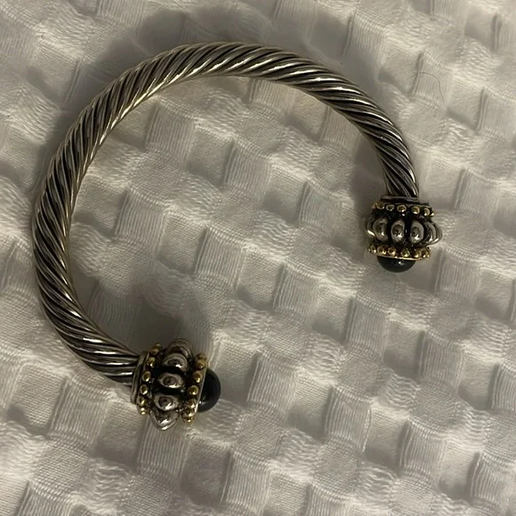 Cable Silver Bracelet Black Stone Gold Bead Tone Accent Adjustable Wrist Jewelry - Picture 6 of 10